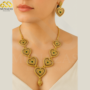 Handmade Heart Design Gold Plated Indian African Jewelry Set | Necklace, Earrings & Ring