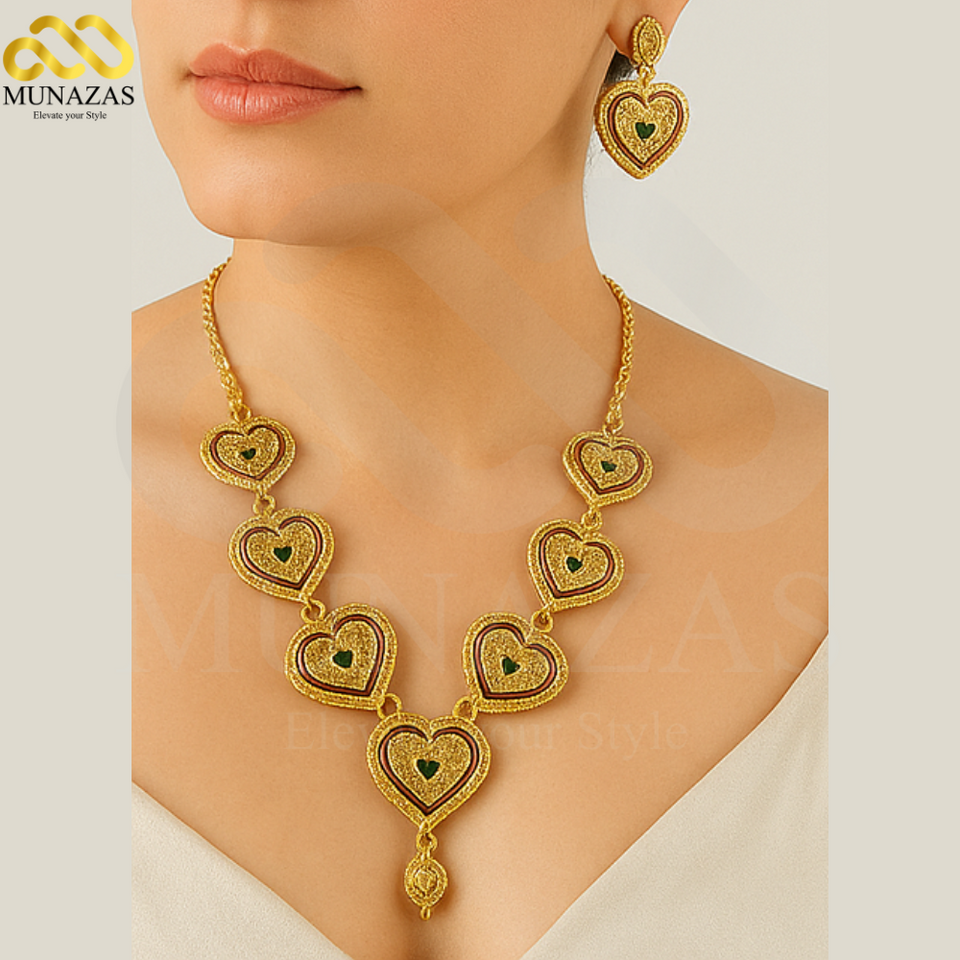 Handmade Heart Design Gold Plated Indian African Jewelry Set | Necklace, Earrings & Ring