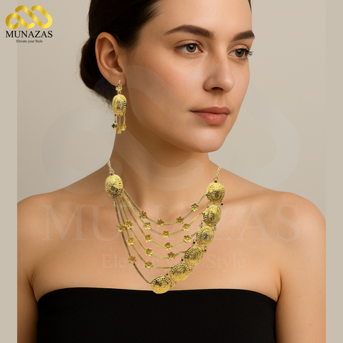 Elegent Pure Gold Indian African Jewelry Set -Necklace Braclet & Earrings