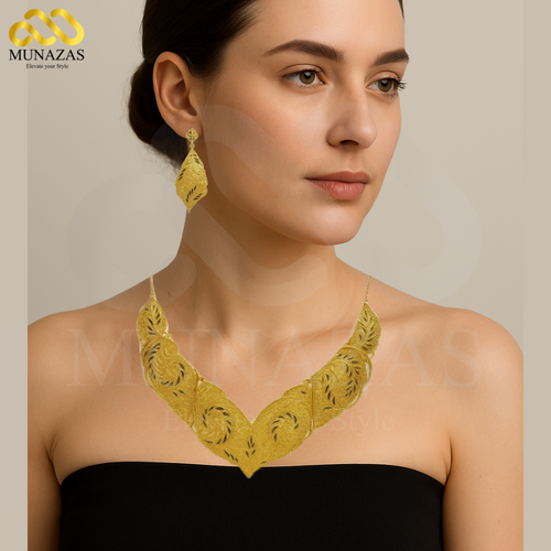 Elegent Pure Gold Indian African Jewelry Set -Necklace Braclet & Earrings
