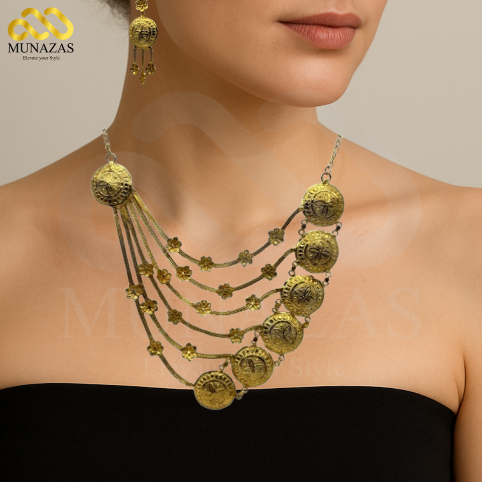 Elegent Pure Gold Indian African Jewelry Set -Necklace Braclet & Earrings