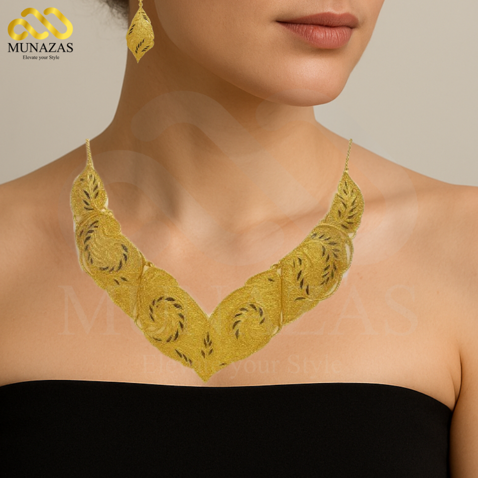 Elegent Pure Gold Indian African Jewelry Set -Necklace Braclet & Earrings