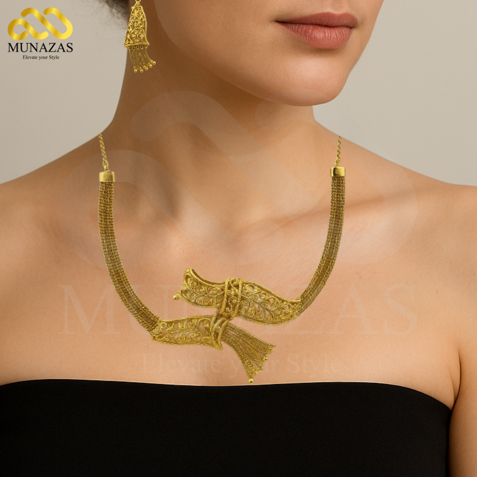 Elegent Pure Gold Indian African Jewelry Set -Necklace Braclet & Earrings
