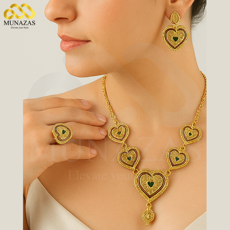 Handmade Heart Design Gold Plated Indian African Jewelry Set | Necklace, Earrings & Ring