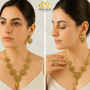 Handmade Heart Design Gold Plated Indian African Jewelry Set | Necklace, Earrings & Ring